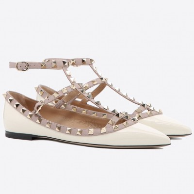 Valentino Caged Rockstud Ballet Flats In White Patent Leather TDSS14091