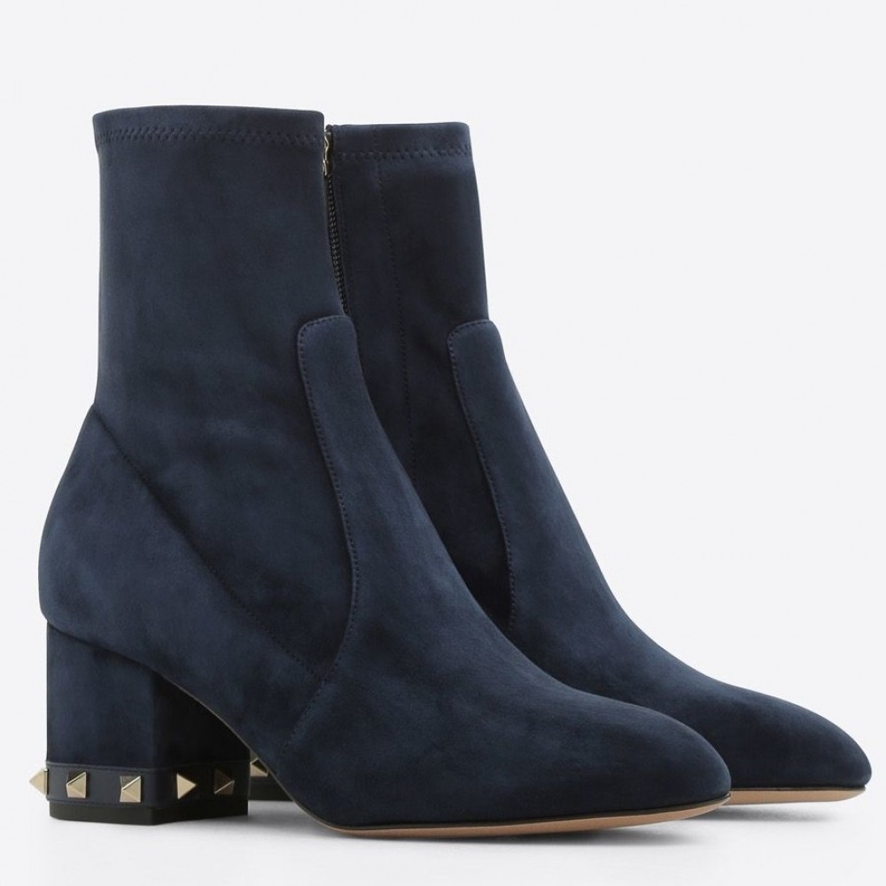 Valentino Dark Blue Stretch Suede 60mm Rockstud Bootie TDSS14094