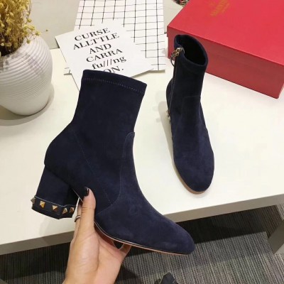 Valentino Dark Blue Stretch Suede 60mm Rockstud Bootie TDSS14094