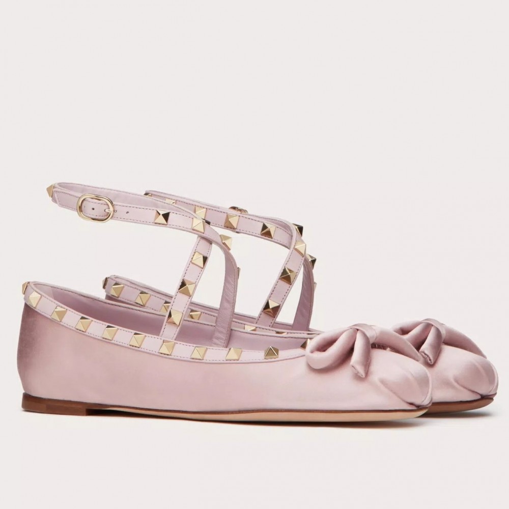 Valentino Garavani Rockstud Ballerina In Beige Satin TDSS14126