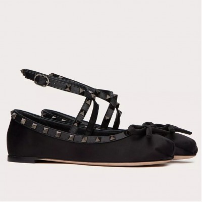 Valentino Garavani Rockstud Ballerina In Black Satin TDSS14128