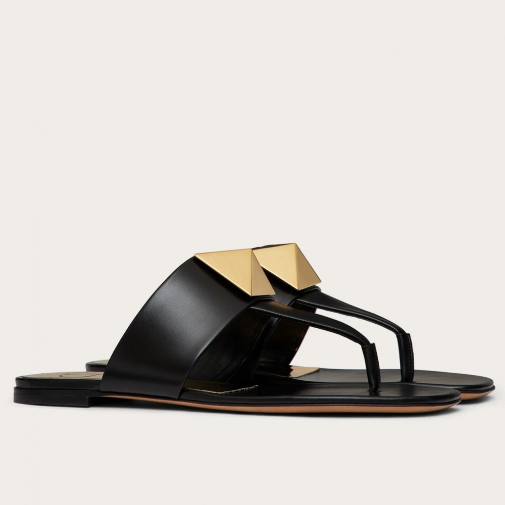 Valentino One Stud Flat Thong Sandals In Black Calfskin TDSS14155