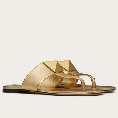 Valentino One Stud Flat Thong Sandals In Gold Metallic Leather TDSS14156