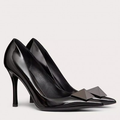 Valentino One Stud Pumps 100mm In Black Patent Calfskin TDSS14158