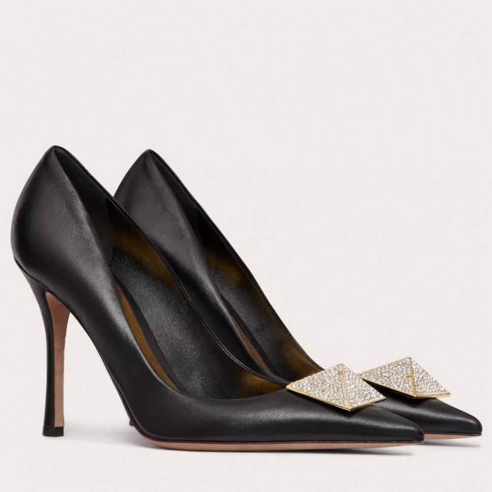 Valentino One Stud Pumps 100mm in Black Nappa Leather with Crystal TDSS14157