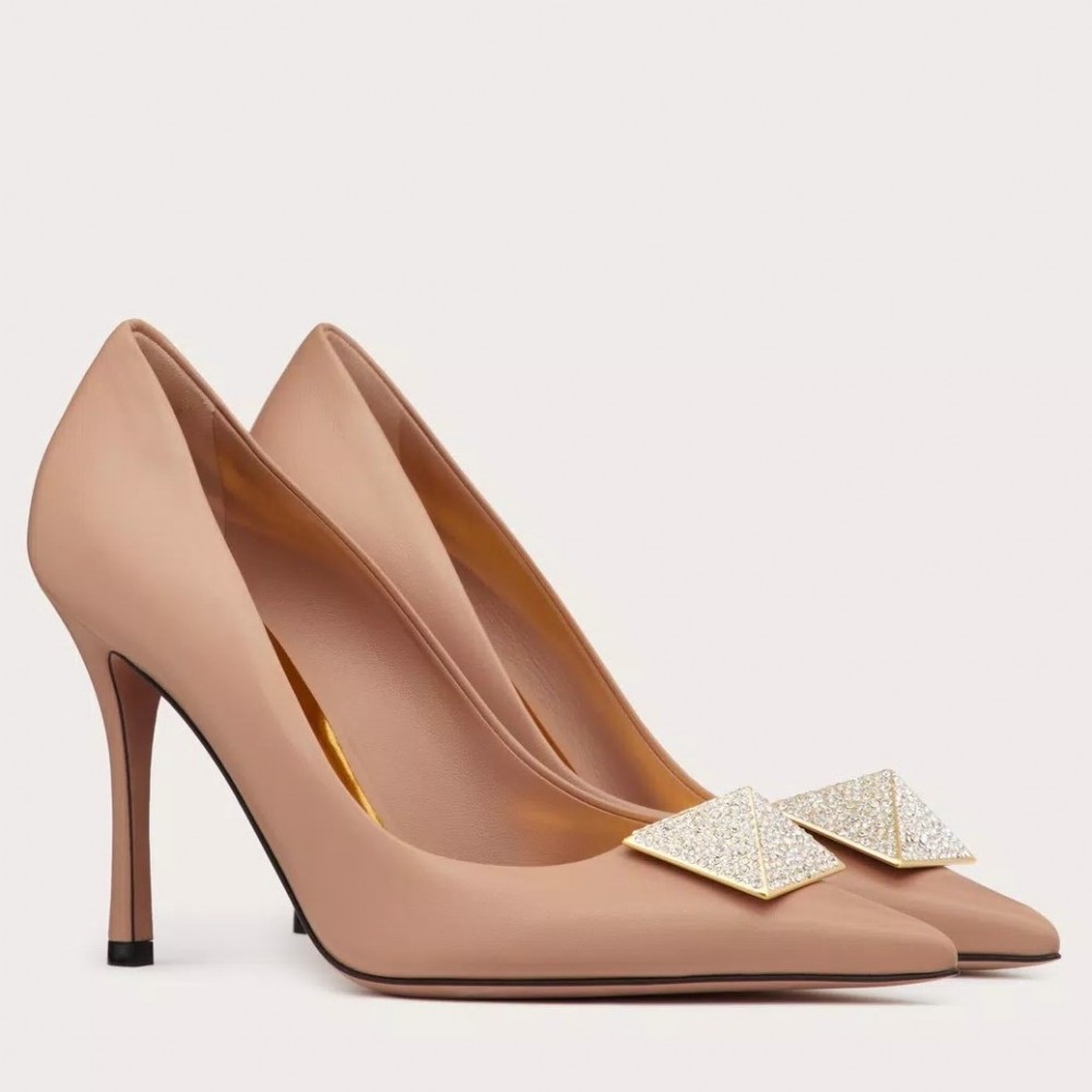 Valentino One Stud Pumps 100mm in Cannelle Nappa Leather with Crystal TDSS14159