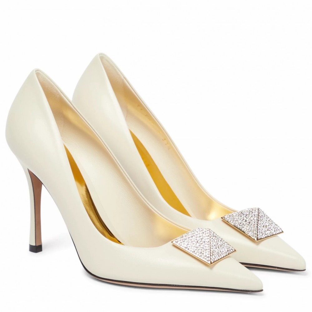 Valentino One Stud Pumps 100mm in White Nappa Leather with Crystal TDSS14161