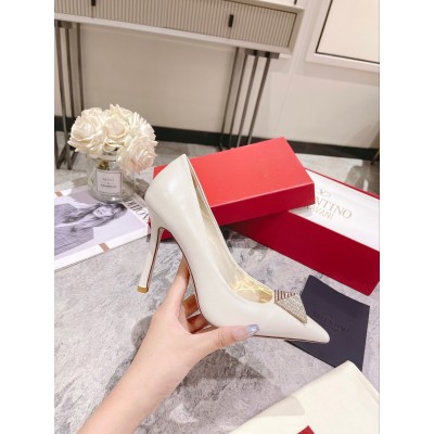 Valentino One Stud Pumps 100mm in White Nappa Leather with Crystal TDSS14161