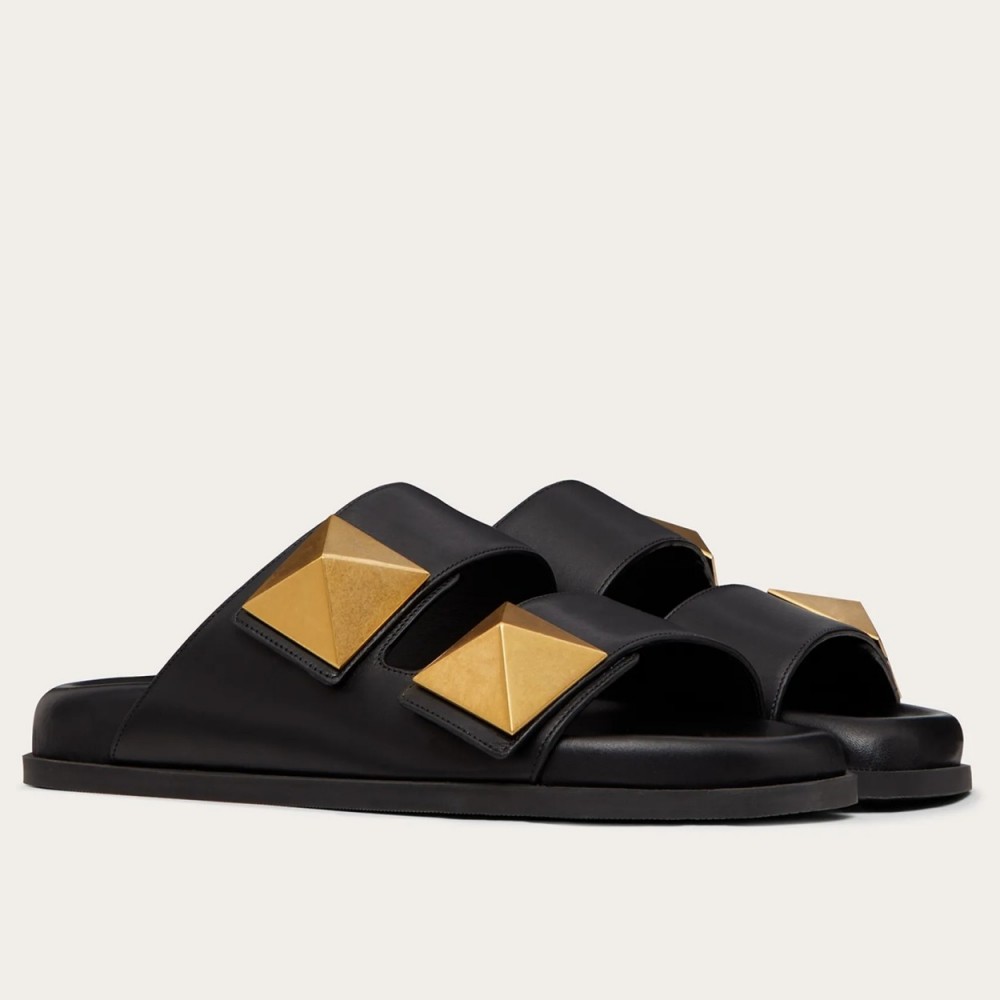 Valentino One Stud Slide Sandals In Black Calfskin TDSS14171