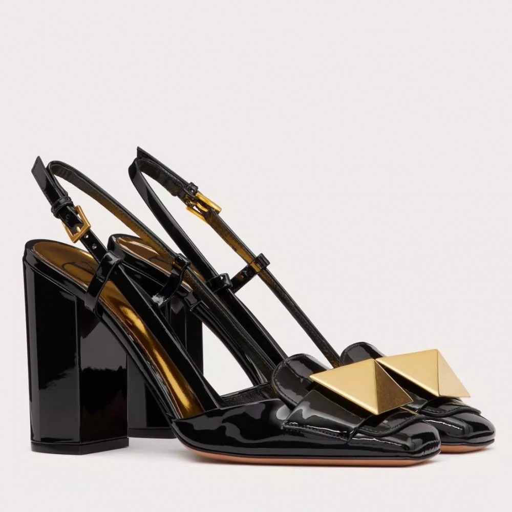 Valentino One Stud Slingback Pumps 100mm In Black Patent Calfskin TDSS14172