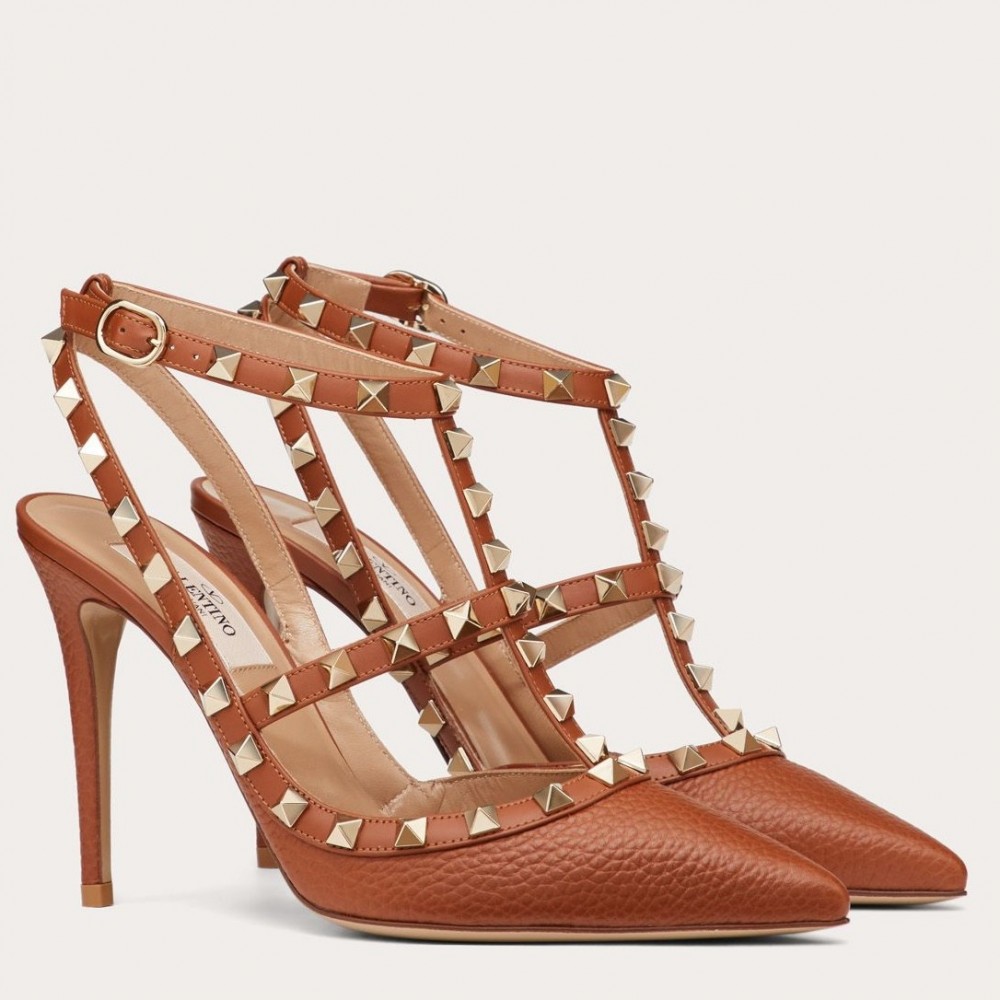 Valentino Rockstud Ankle Strap 100mm Pumps In Brown Leather TDSS14185