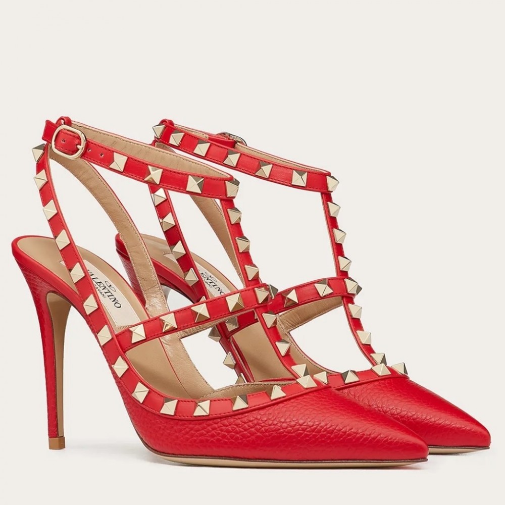 Valentino Rockstud Ankle Strap 100mm Pumps In Red Leather TDSS14187