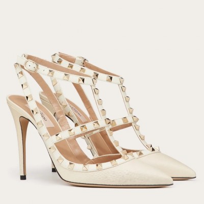 Valentino Rockstud Ankle Strap 100mm Pumps In White Leather TDSS14188