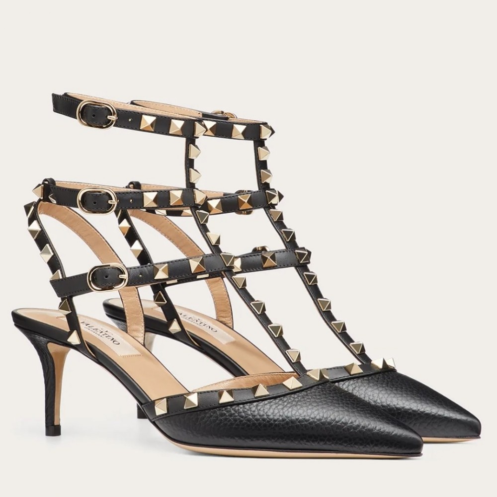 Valentino Rockstud Ankle Strap 65mm Pumps In Black Leather TDSS14189