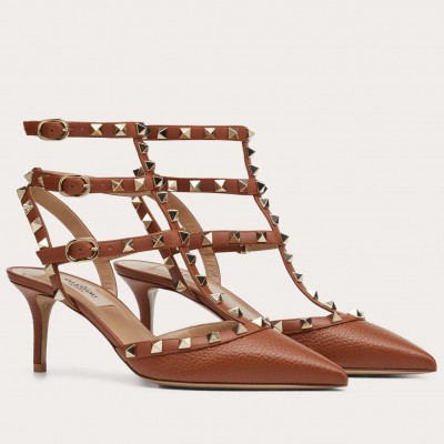 Valentino Rockstud Ankle Strap 65mm Pumps In Brown Leather TDSS14190