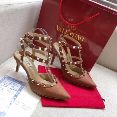 Valentino Rockstud Ankle Strap 65mm Pumps In Brown Leather TDSS14190