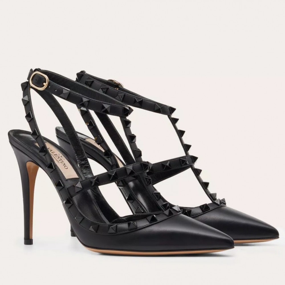 Valentino Rockstud Ankle Strap Black Pumps 100mm with Black Studs TDSS14191