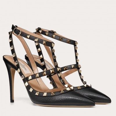 Valentino Rockstud Ankle Strap Pump 100mm In Black Grainy Calfskin TDSS14193