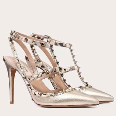 Valentino Rockstud Ankle Strap Pump 100mm In Gold Grainy Calfskin TDSS14194