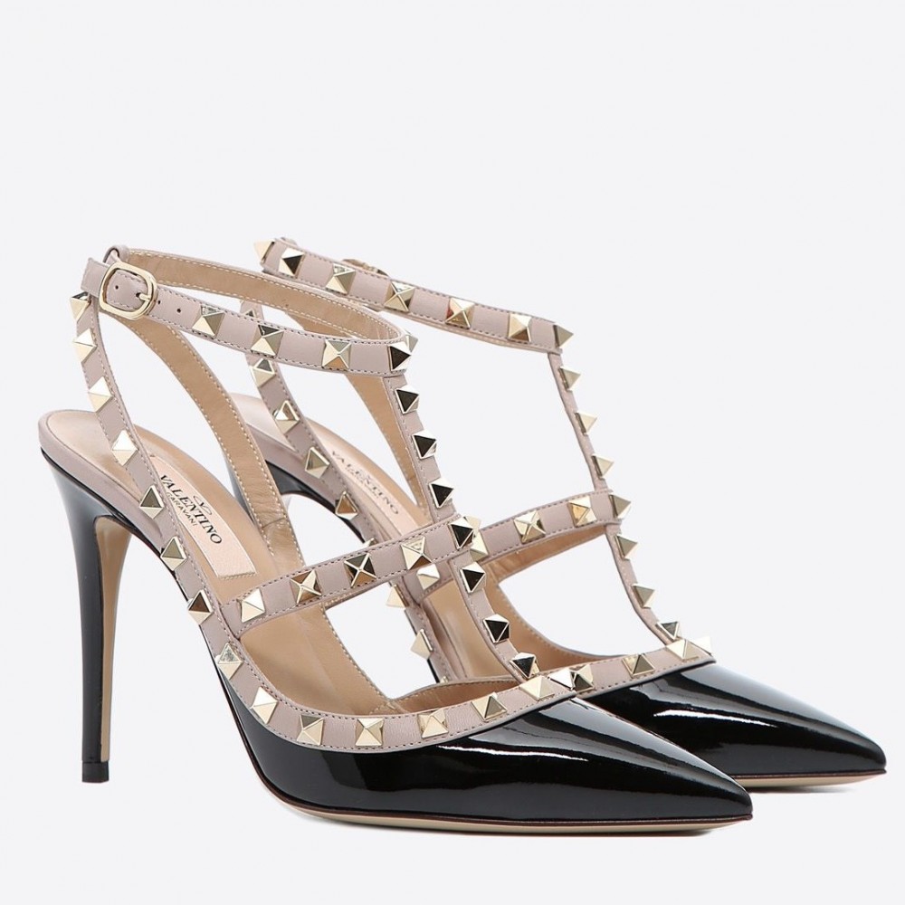 Valentino Rockstud Ankle Strap Pump In Black Patent Leather TDSS14195