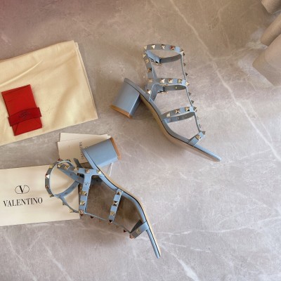 Valentino Rockstud Ankle Strap Sandals 60mm In Blue Calfskin TDSS14199