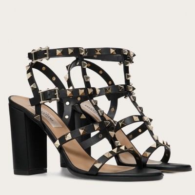 Valentino Rockstud Ankle Strap Sandals 90mm In Black Calfskin TDSS14205