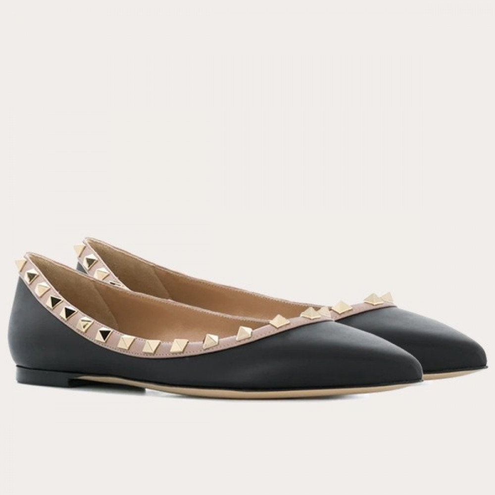 Valentino Rockstud Ballet Flats In Black Calfskin TDSS14212