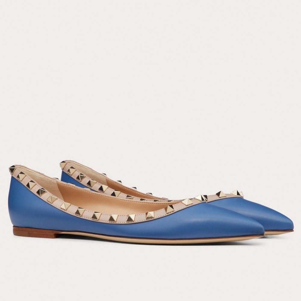 Valentino Rockstud Ballet Flats In Blue Calfskin TDSS14214