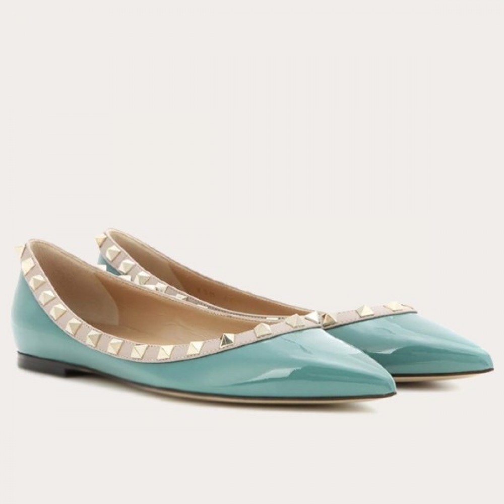 Valentino Rockstud Ballet Flats In Light Blue Patent Leather TDSS14215