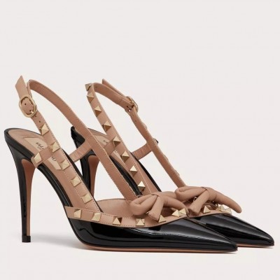 Valentino Rockstud Bow Slingback Pumps 100mm in Black Patent Leather TDSS14219