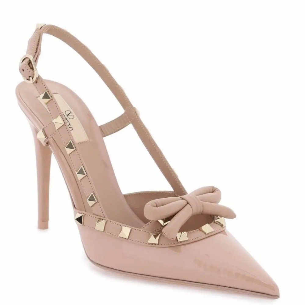 Valentino Rockstud Bow Slingback Pumps 100mm in Powder Patent Leather TDSS14220