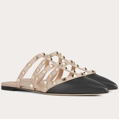 Valentino Rockstud Flat Mules In Black Nappa Leather TDSS14230