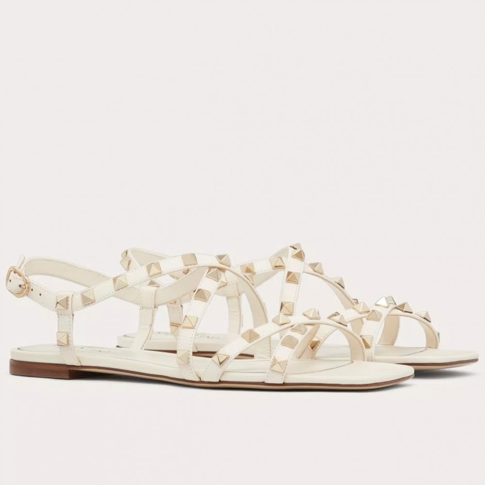 Valentino Rockstud Flat Sandals with Straps in White Leather TDSS14234