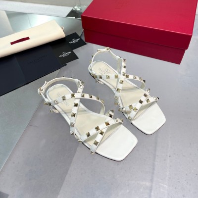 Valentino Rockstud Flat Sandals with Straps in White Leather TDSS14234