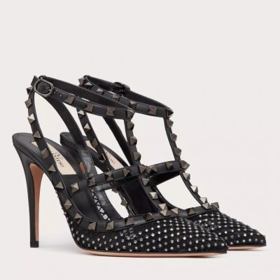 Valentino Rockstud Pumps 100mm in Black Mesh with Crystal TDSS14243