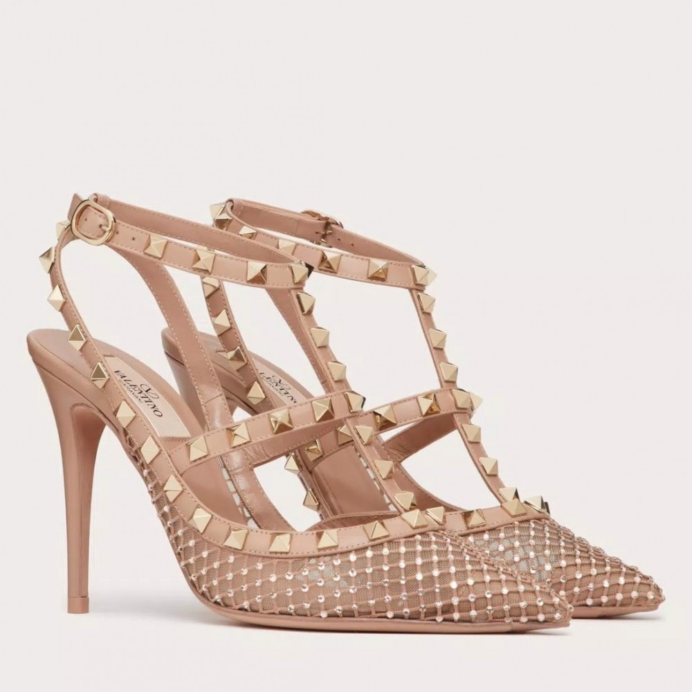 Valentino Rockstud Pumps 100mm in Nude Mesh with Crystal TDSS14244