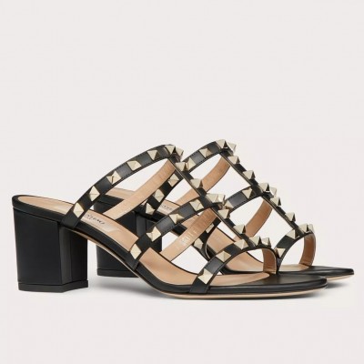 Valentino Rockstud Slide Sandals 60mm In Black Calfskin TDSS14253