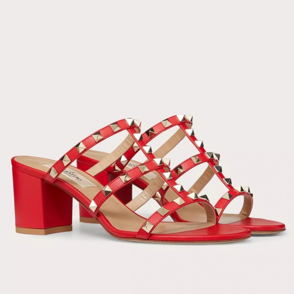 Valentino Rockstud Slide Sandals 60mm In Red Calfskin TDSS14255