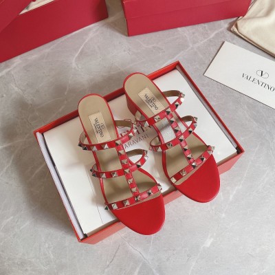 Valentino Rockstud Slide Sandals 60mm In Red Calfskin TDSS14255