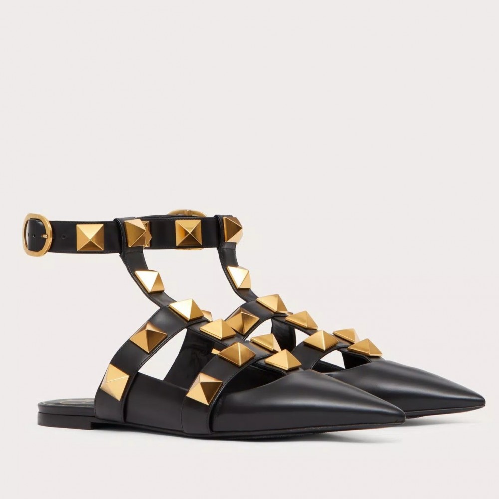 Valentino Roman Stud Ballet Flats In Black Calfskin TDSS14261