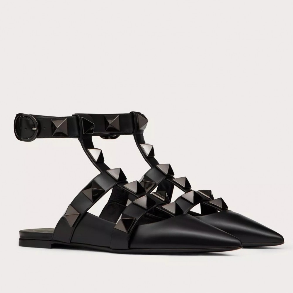 Valentino Roman Stud Ballet Flats In Black Calfskin with Tonal Studs TDSS14262