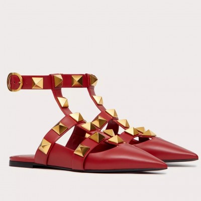 Valentino Roman Stud Ballet Flats In Red Calfskin TDSS14265