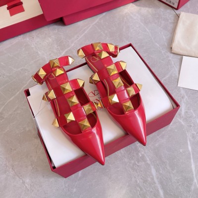 Valentino Roman Stud Ballet Flats In Red Calfskin TDSS14265