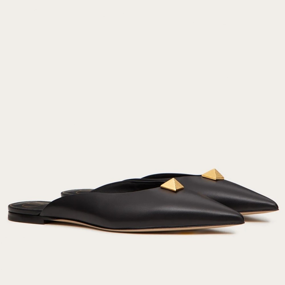 Valentino Roman Stud Flat Mules In Black Calfskin TDSS14270