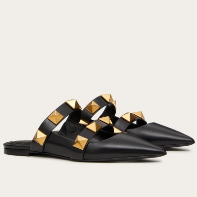 Valentino Roman Stud Flat Mules In Black Leather TDSS14271