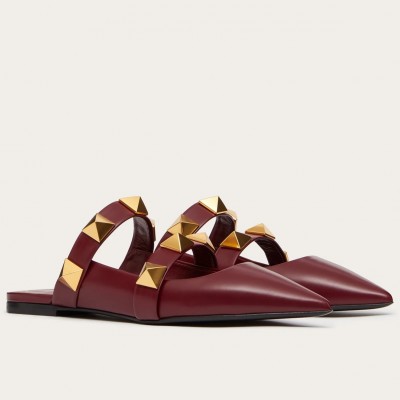 Valentino Roman Stud Flat Mules In Bordeaux Leather TDSS14272