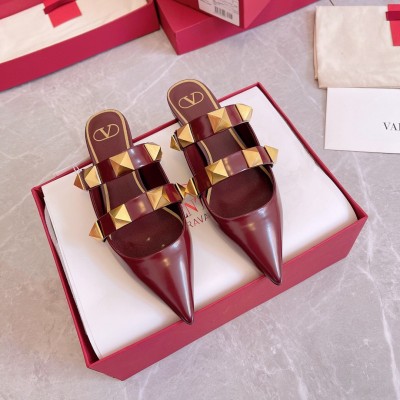 Valentino Roman Stud Flat Mules In Bordeaux Leather TDSS14272