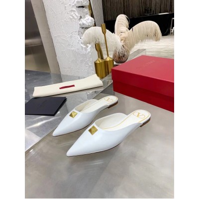 Valentino Roman Stud Flat Mules In White Calfskin TDSS14273