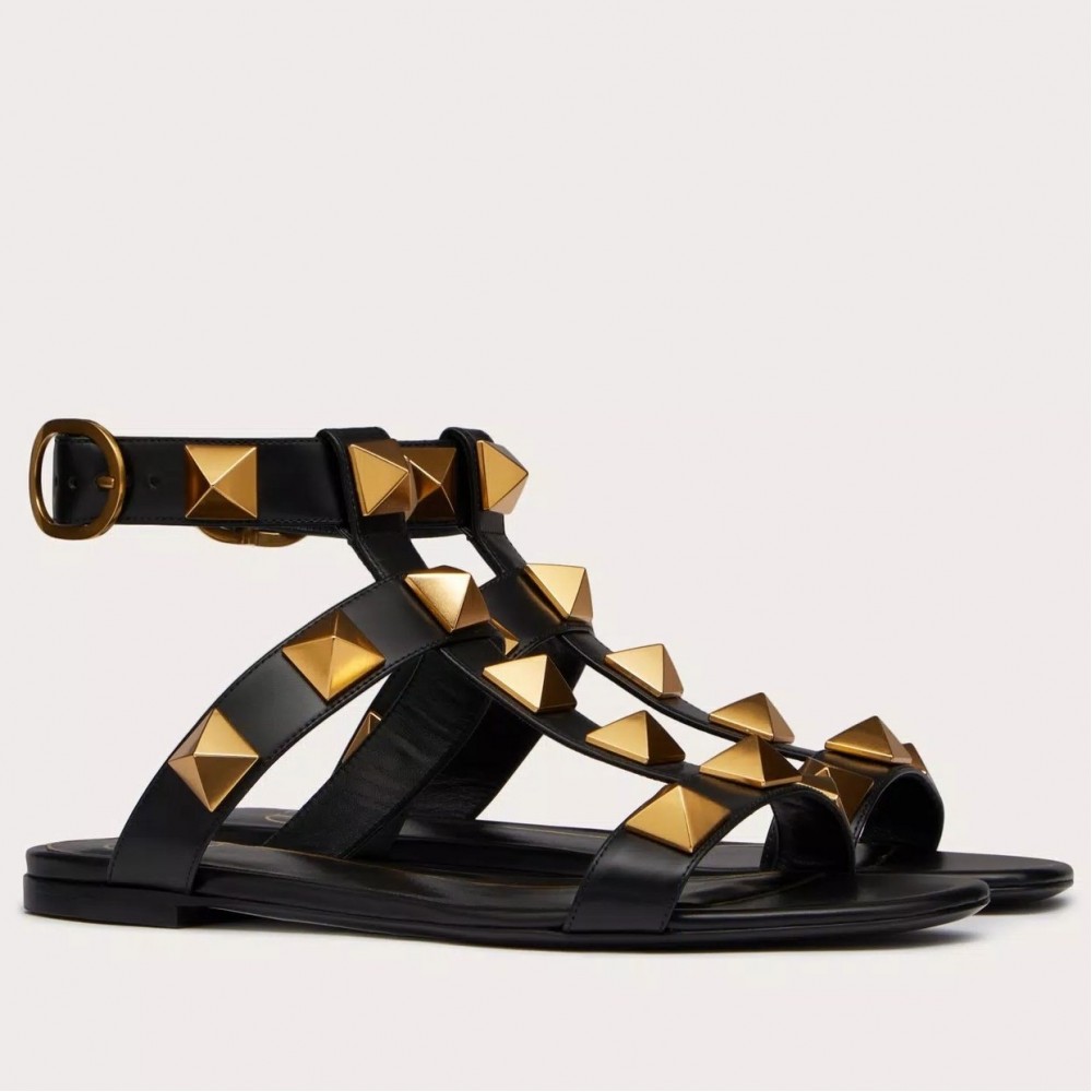 Valentino Roman Stud Flat Sandals In Black Calfskin TDSS14275