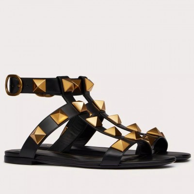 Valentino Roman Stud Flat Sandals In Black Calfskin TDSS14275